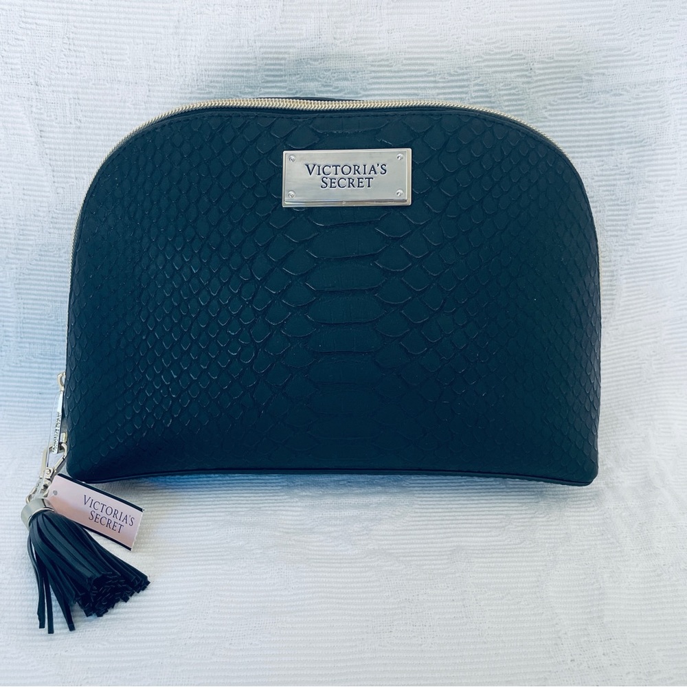 Victoria’s Secret black cosmetic bag faux leather gold zipper